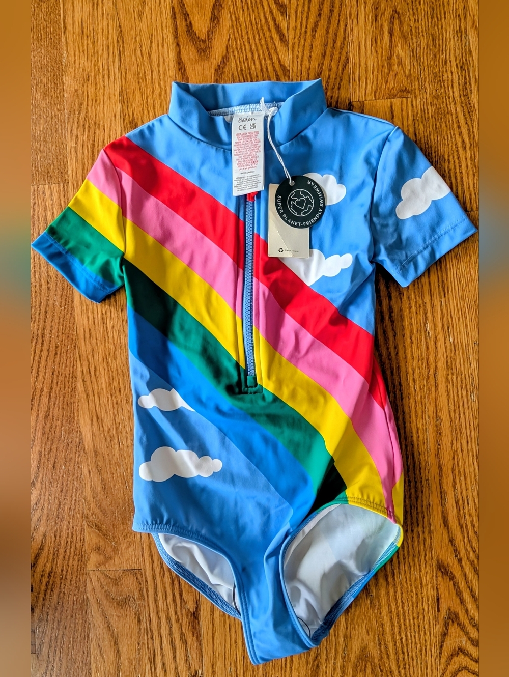 Mini Boden NWT 7-8  Bright Blue Swimsuit with Rainbow Stripes
